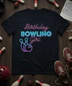 Birthday Bowling Girl text design with bowling pins and ball graphic, neon pink and blue colors, on a black t-shirt