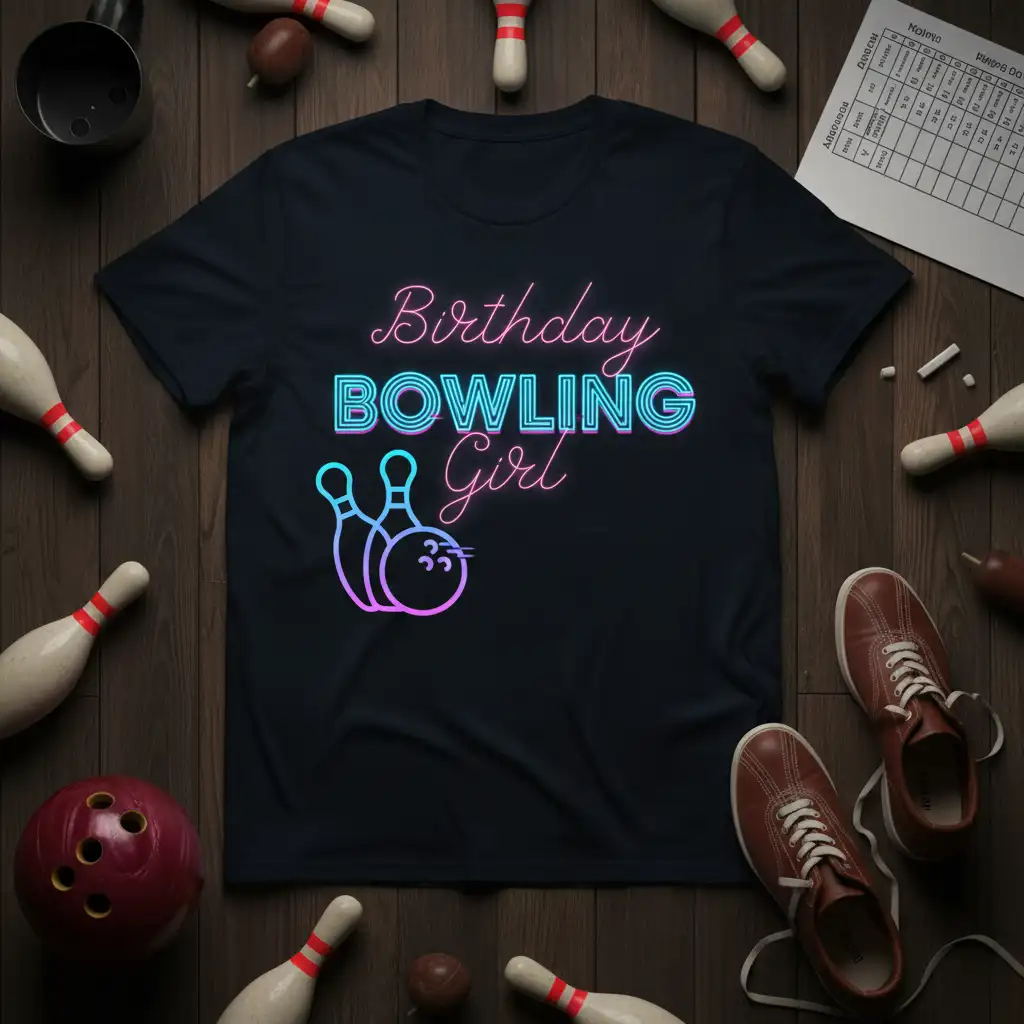 Birthday Bowling Girl text with neon pink and blue gradient, accompanied by bowling pins and ball graphic on a t-shirt