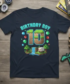 Birthday Boy 10 t-shirt with pixelated graphics and number 10 design for a 10-year-old's birthday celebration