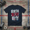 BIRTH DAY BOY hockey t-shirt design with crossed sticks and pucks, bold typography, navy blue shirt