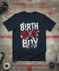 BIRTH DAY BOY hockey t-shirt design with crossed sticks and pucks, bold typography, navy blue shirt