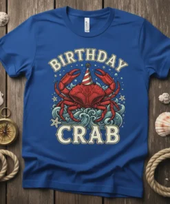Birthday Crab T-Shirt with a red crab wearing a party hat and the text Birthday Crab in vintage font