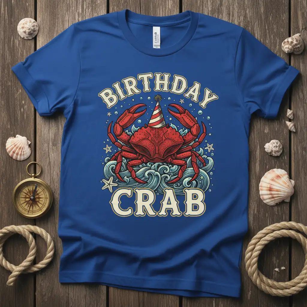 Birthday Crab text design with a festive red crab on a blue t-shirt