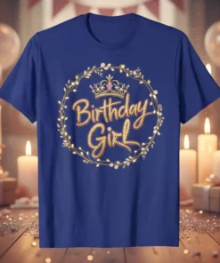 Birthday Girl T-Shirt with gold glitter text, crown, and leafy wreath design