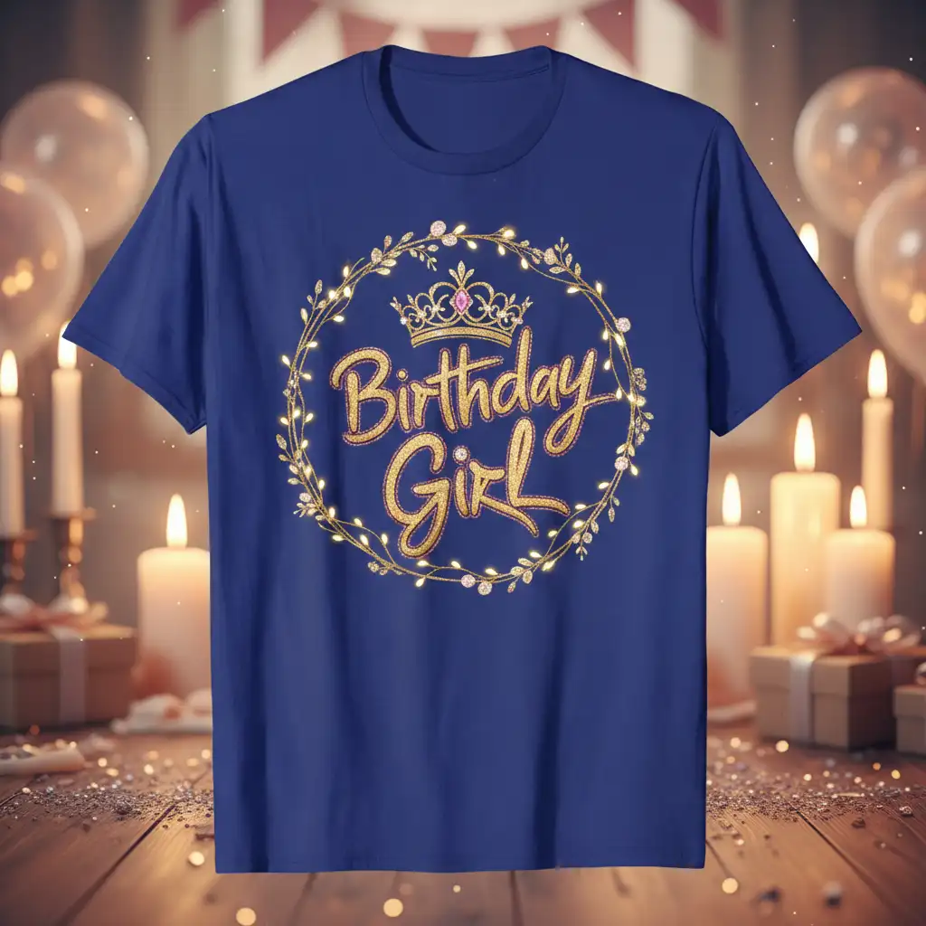 Birthday Girl text with crown and festive wreath on a blue t-shirt