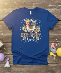 Birthday Girl t-shirt design with safari animals wearing party hats and glasses, confetti, and balloons