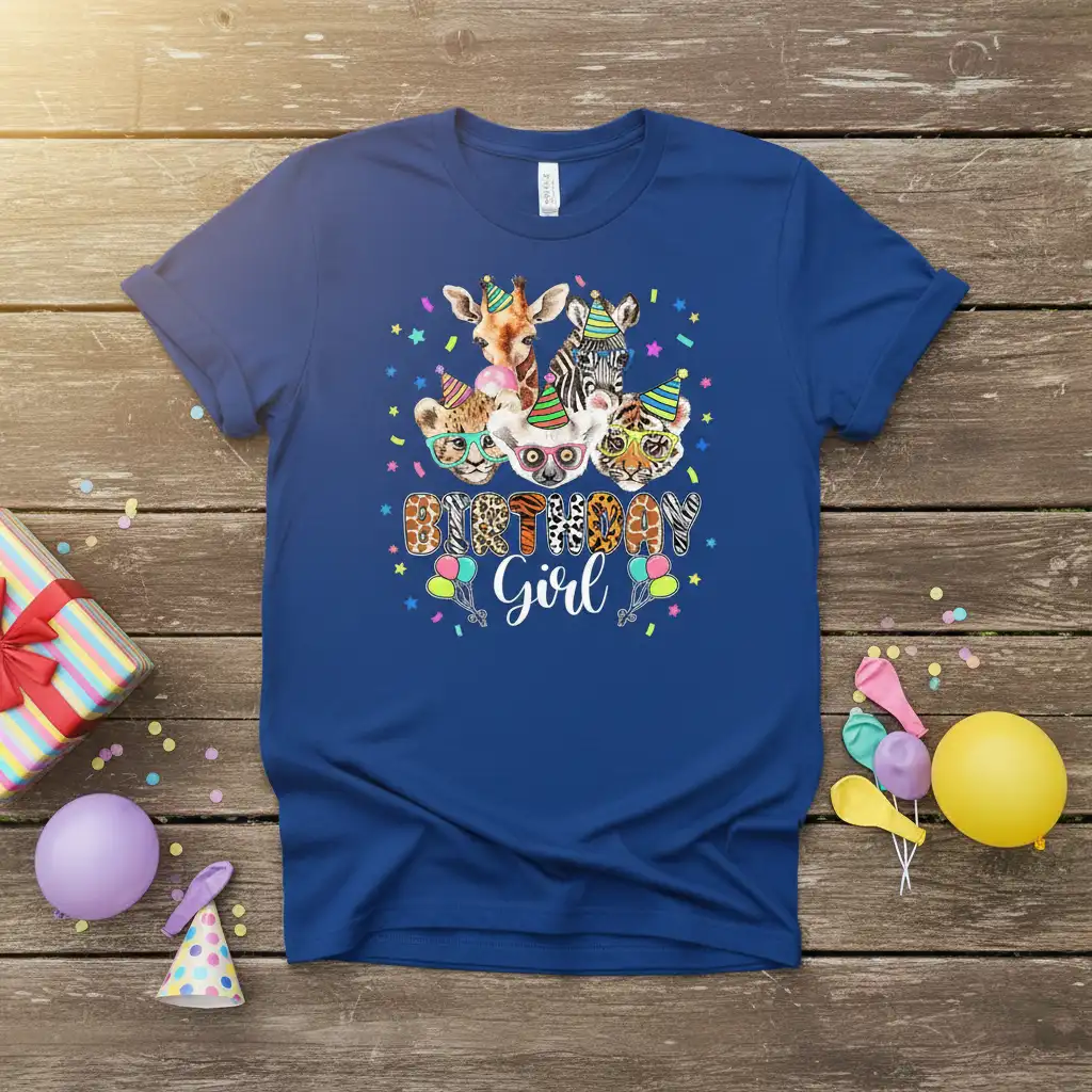 Birthday Girl safari animals wearing party hats and glasses with confetti and balloons graphic