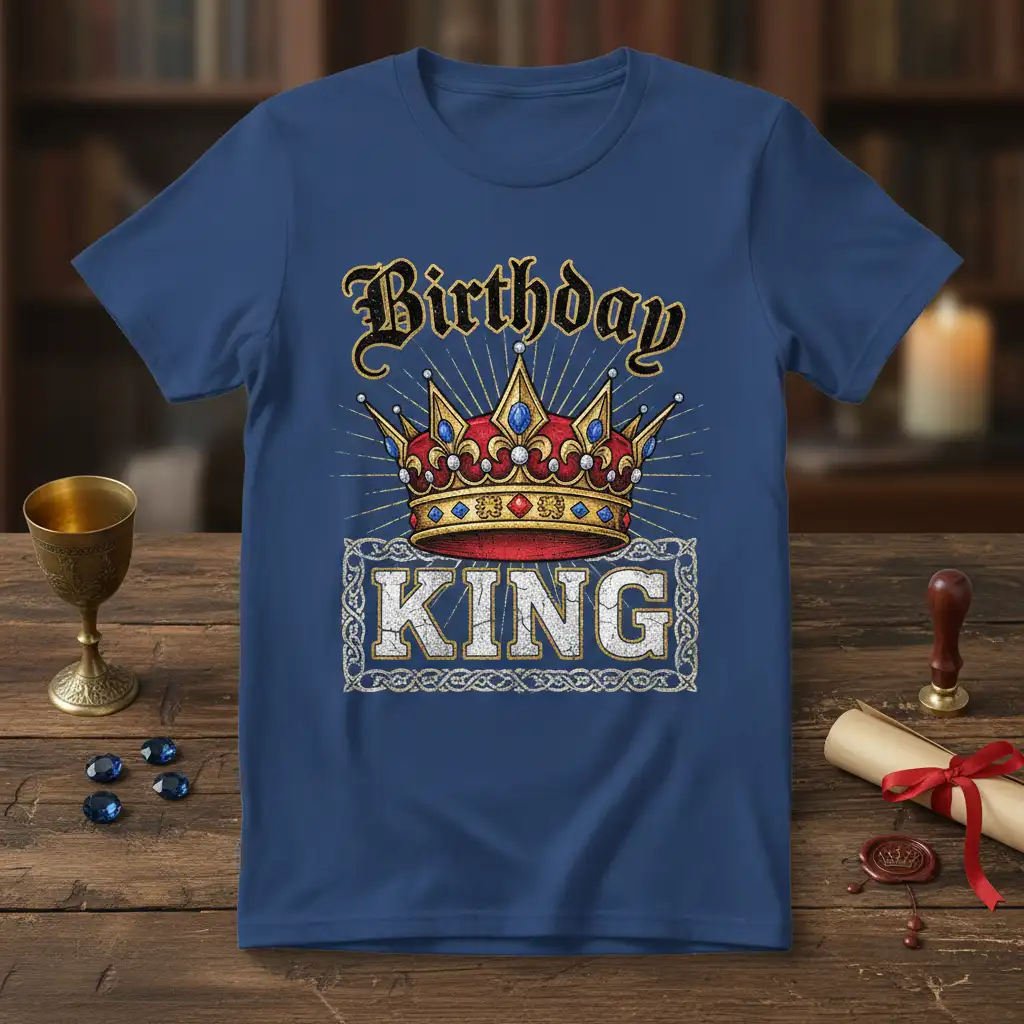 Birthday KING t-shirt design featuring a golden crown and distressed text for a regal celebration