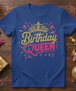 Birthday Queen text with a glittering crown and festive accents on a blue t-shirt
