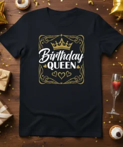 Birthday Queen text with a crown and hearts graphic on a black t-shirt, perfect for birthday celebrations
