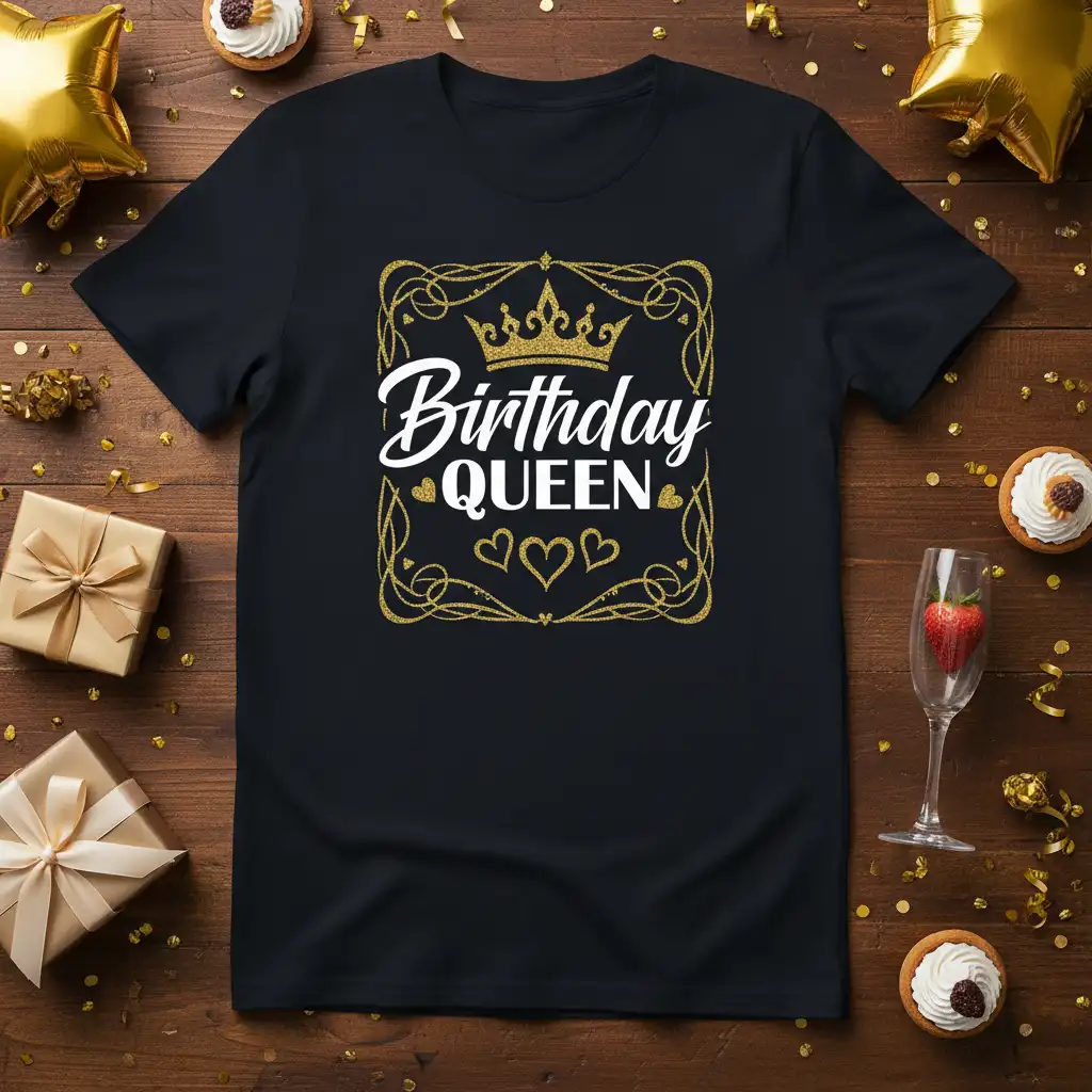 Birthday Queen text with crown graphic on a black t-shirt for birthday celebrations