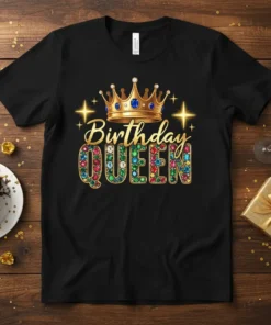 Birthday Queen text with a golden crown and colorful gem accents on a black t-shirt