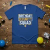 Birthday Security Squad text design on a blue t-shirt with honeycomb pattern and shield graphic