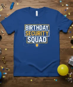Birthday Security Squad text design on a blue t-shirt with honeycomb pattern and shield graphic