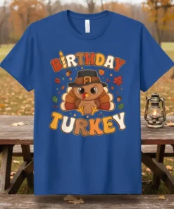 Birthday Turkey T-Shirt featuring a cute cartoon turkey wearing a pilgrim hat, surrounded by fall leaves and acorns