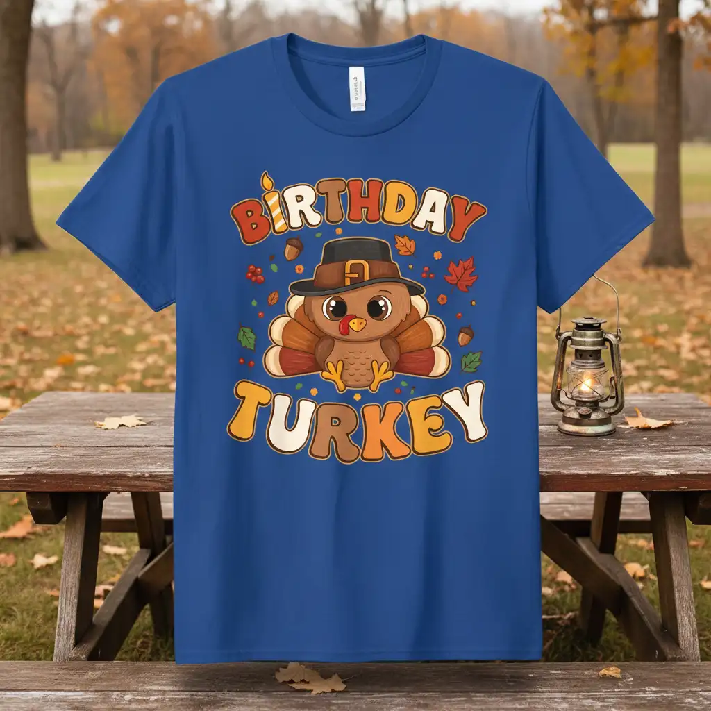 Cute cartoon Birthday Turkey design with festive fall elements and clear text for autumn celebrations