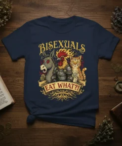 Bisexuals Eat What?! t-shirt design with a donkey, knight rooster, and cat graphic, featuring bold yellow text