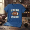 Blue Bishop Sycamore Football T-Shirt with vintage distressed text and football graphic