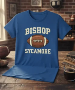 Blue Bishop Sycamore Football T-Shirt with vintage distressed text and football graphic
