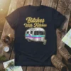 Bitches With Hitches text above a retro Airstream-style camper graphic on a navy t-shirt