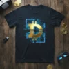 Bitcoin circuit design t-shirt with golden bitcoin symbol and blue digital lines