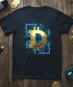 Bitcoin circuit design t-shirt with golden bitcoin symbol and blue digital lines