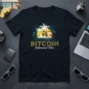 Bitcoin Retirement Plan t-shirt design with tropical sunset, palm trees, and Bitcoin logo graphic
