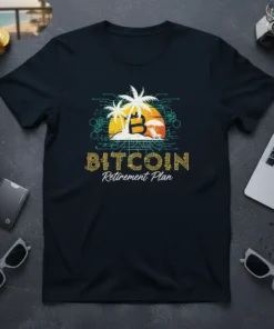 Bitcoin Retirement Plan t-shirt design with tropical sunset, palm trees, and Bitcoin logo graphic