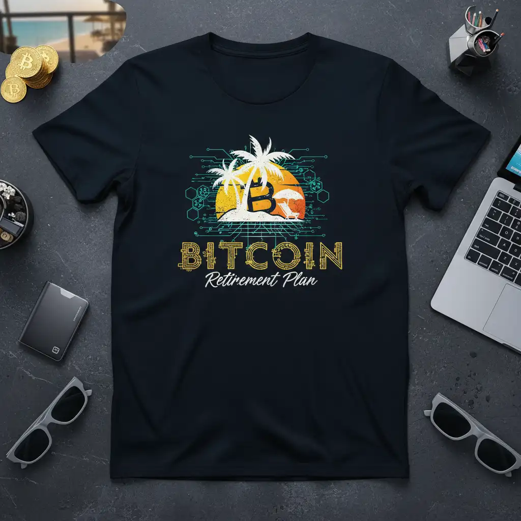 Bitcoin Retirement Plan t-shirt graphic featuring a tropical sunset and Bitcoin logo for crypto investors