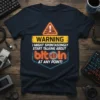 Navy blue t-shirt with "WARNING I MIGHT SPONTASONG LY START TALKING ABOUT bitcoin AT ANY POINT!" Bitcoin crypto design