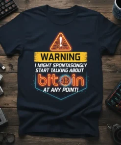 Navy blue t-shirt with "WARNING I MIGHT SPONTASONG LY START TALKING ABOUT bitcoin AT ANY POINT!" Bitcoin crypto design