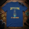 Bitcoin To The Moon T-Shirt with a golden rocket design and text, blue background