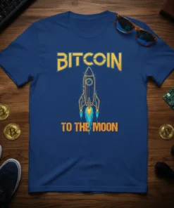 Bitcoin To The Moon T-Shirt with a golden rocket design and text, blue background