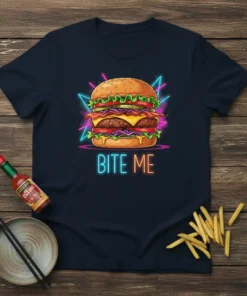 Bite Me text in neon colors below a detailed hamburger graphic on a navy t-shirt