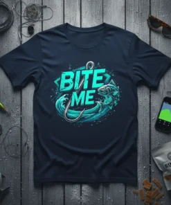 Bite Me t-shirt design with a fish, hook, and waves, perfect for fishing gift