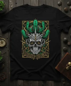 Bitter Riders skull and cactus design t-shirt in a bold, graphic style for motorcycle enthusiasts