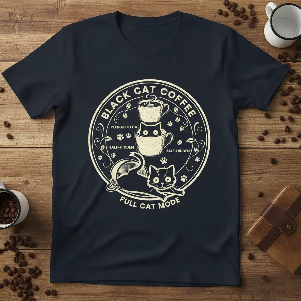 BLACK CAT COFFEE PEEK-ABOO quote printed with bold typography on quality cotton blend t-shirt design
