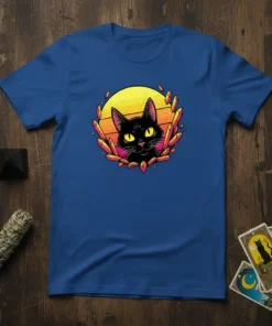 Black Cat Crystal Sunset eye-catching graphic design printed on comfortable cotton t-shirt