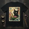 Black Cat Eating Ramen unique graphic design printed on comfortable cotton t-shirt