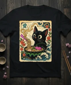 Black Cat Eating Ramen unique graphic design printed on comfortable cotton t-shirt
