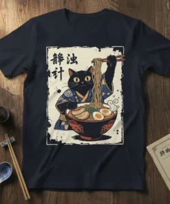 Black Cat Eating Ramen stylish graphic design printed on comfortable cotton t-shirt