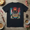 Black Cat Ramen Eating bold graphic design printed on comfortable cotton t-shirt