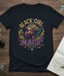 Black Girl Magic text with an Afrocentric woman's profile and ornate gold details, on a black t-shirt