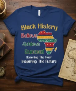 Black History Believe Achieve Succeed t-shirt with African map graphic and inspirational text