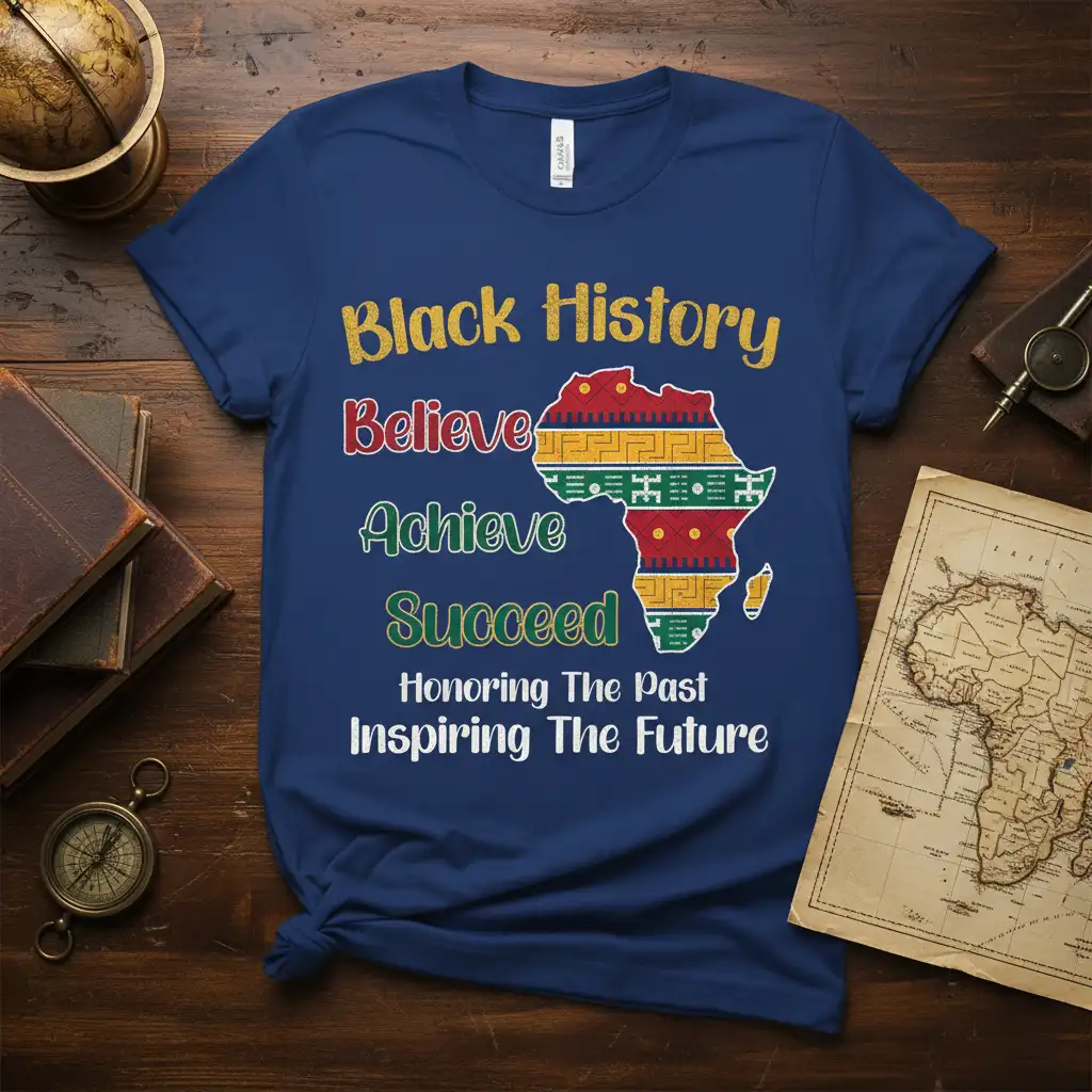 Black History Believe Achieve Succeed inspirational quote tee with African map design