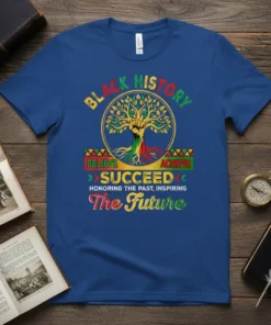 Black History Believe Succeed Achieve t-shirt design with a tree, fist, and inspirational text about the future