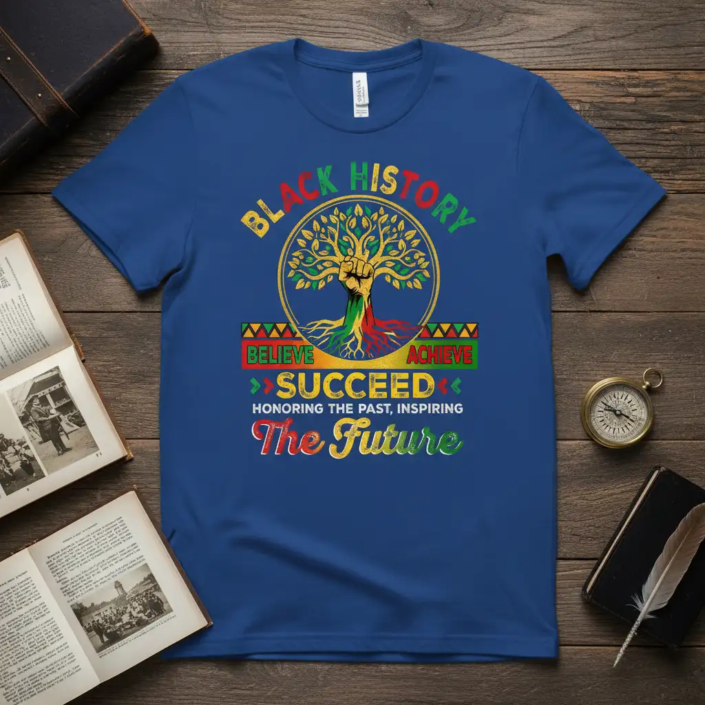 Black History Believe Succeed Achieve t-shirt with tree, fist, and motivational text for the future