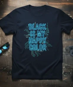 Black T-Shirt with neon blue "Black Is My Happy Color" text in a circuit board design