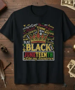 Black Juneteenth Like my Ancestors t-shirt with crown and word cloud of empowering terms like Love, Talented, Strong, Beautiful, and