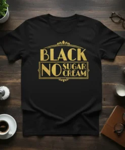 Black T-Shirt with "Black No Sugar Cream" text in gold, styled like a vintage label